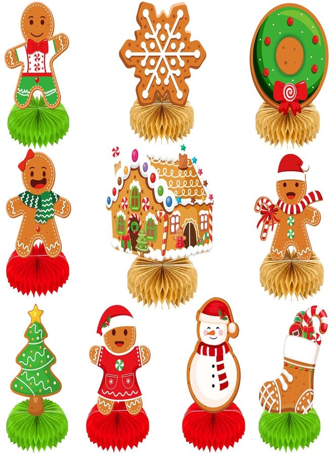 ABURRORI 10 Pieces Christmas Gingerbread Man Party Ornaments Decorations Merry Xmas Gingerbread Man Snowflake Snowman Party Honeycomb Centerpieces Christmas Party Table Toppers Double Sided Décor for Merry - Image 1